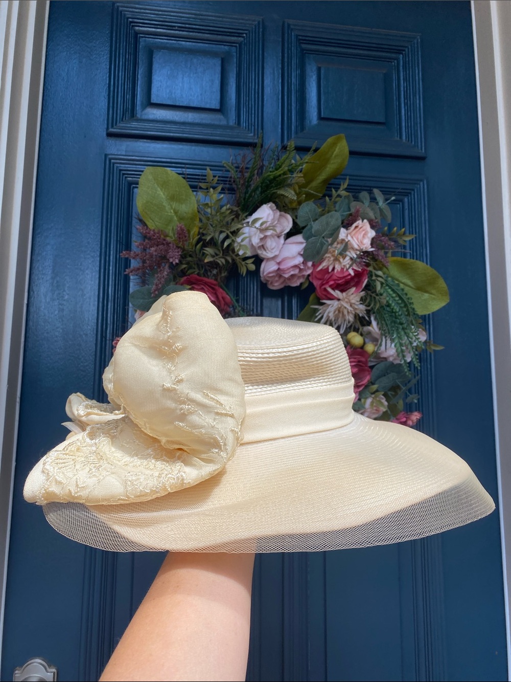 Vintage Jodi G for Sylvia Creamy Yellow Sun Hat with Ribbon Trim Kentucky Derby